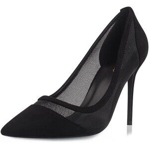 Women Black Mesh Polyurethane Closed Pointed Toe Stiletto High Heel Shoes Pumps